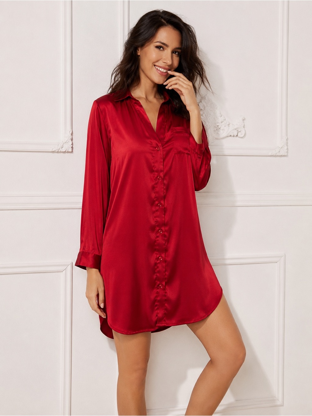 Soma Women’s Red Satin Long Sleeve Sleep Shirt Size M